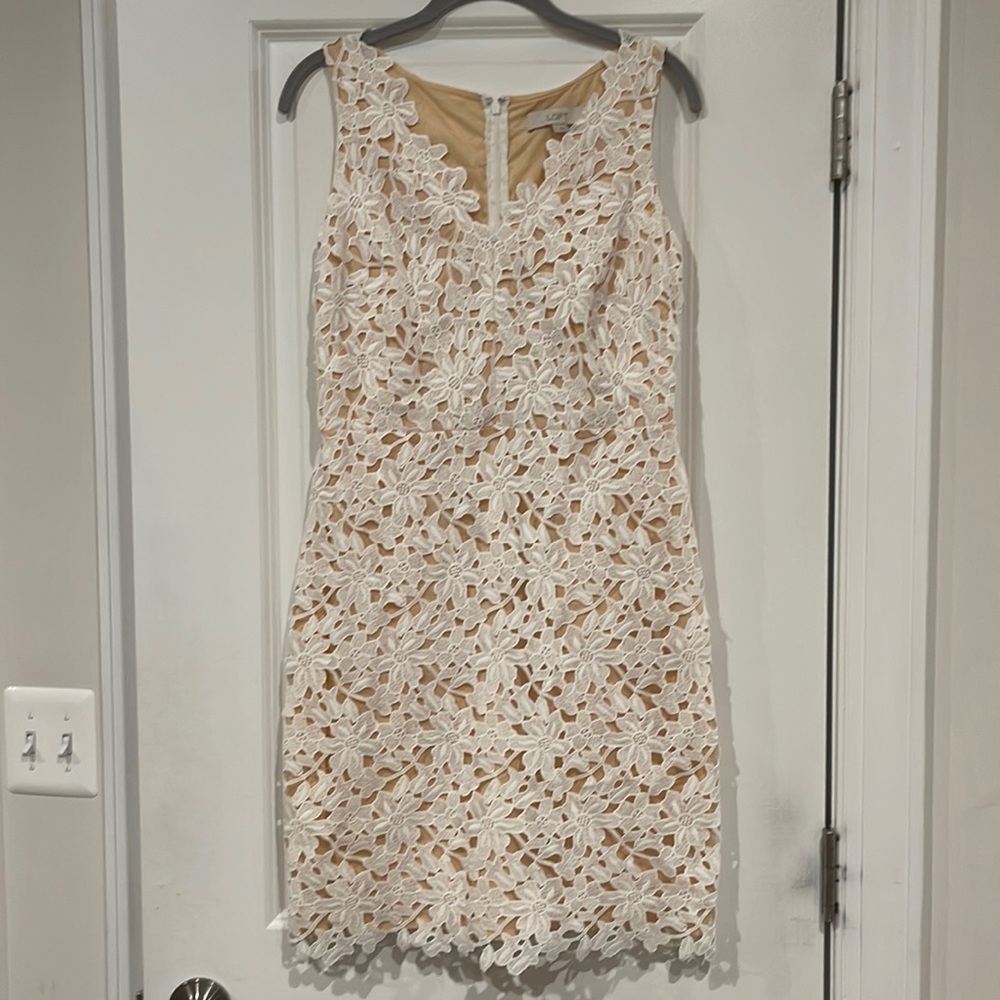 Loft Size 2 Body-Con Dress. Nude Lining with White Floral Lace Overlay.